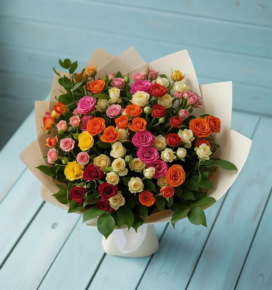Букет Микс из разноцветных кустовых роз в Подпорожье